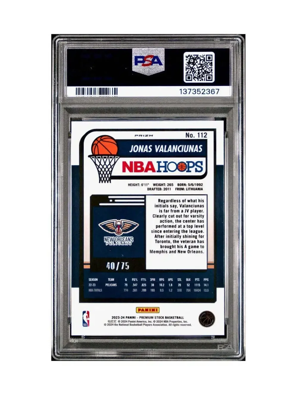 Jonas Valanciunas 2023 Panini Hoops Premium #112 40/75 Blue Pulsar PSA 10 Gem